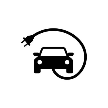 Siyah elektrikli araba ve elektrik kablosu şarj ikonu beyaz arka planda izole edildi. Yenilenebilir ekolojik teknolojiler. Vektör İllüstrasyonu