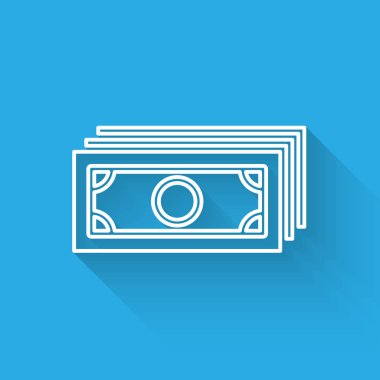 Beyaz Yığınları kağıt para nakit simgesi uzun gölge ile izole. Para banknotları yığınları. Fatura para birimi. Vektör İllüstrasyonu
