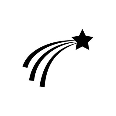 Siyah Düşen yıldız simgesi beyaz arka planda yalıtılmış. Yıldız izi olan kayan yıldız. Meteoroid, göktaşı, kuyruklu yıldız, asteroit, yıldız simgesi. Vektör İllüstrasyonu