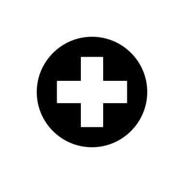 Beyaz arka plan üzerinde izole daire simgesi siyah Tıbbi çapraz. İlk yardım tıbbi sembolü. Vektör İllüstrasyonu