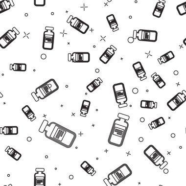 Siyah Tıbbi şişe, ampul, şişe simgesi beyaz arka plan üzerinde izole dikişsiz desen. Aşılama, enjeksiyon, aşı sağlık konsepti. Vektör İllüstrasyonu