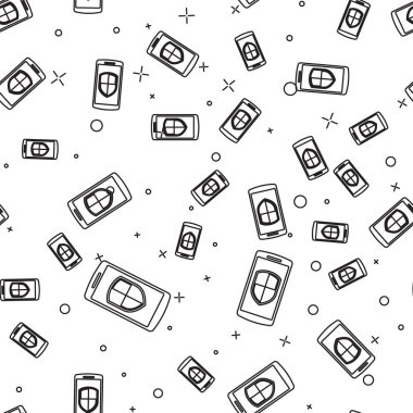 Siyah Smartphone, güvenlik kalkanı simgesi ile cep telefonu beyaz arka plan üzerinde sorunsuz desen izole. Vektör İllüstrasyonu