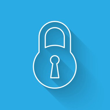 Uzun gölgeyle yalıtılmış Beyaz Kilit çizgisi simgesi. Asma kilit işareti. Güvenlik, güvenlik, koruma, gizlilik kavramı. Vektör İllüstrasyonu