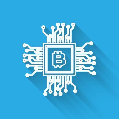 Beyaz Cpu madenciliği çiftlik satırı simgesi uzun gölge ile yalıtılmış. Bitcoin işlemci içinde işareti. Kripto para madenciliği topluluğu. Dijital para. Vektör İllüstrasyonu