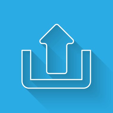 Uzun gölgeyle yalıtılmış Beyaz Yükleme simgesi. Yukarı ok. Vektör İllüstrasyonu