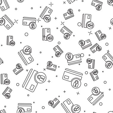 Kilit simgesi beyaz arka plan üzerinde izole sorunsuz desen ile Siyah Kredi kartı. Kilitli banka kartı. Güvenlik, güvenlik, koruma konsepti. Güvenli bir ödeme kavramı. Vektör İllüstrasyonu