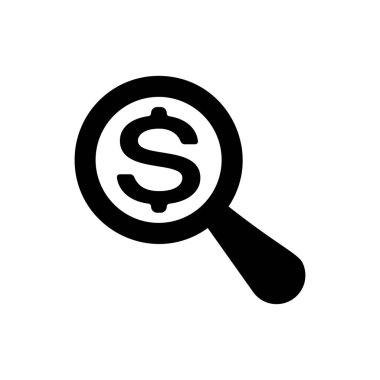 Siyah Büyüteç ve dolar simgesi beyaz arka plan üzerinde izole. Para bul. Para arıyorum. Vektör İllüstrasyonu