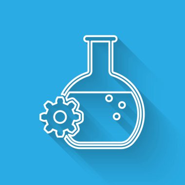 Beyaz Biyomühendislik çizgi simgesi uzun gölge ile izole. Genetik ve biyomühendislik simgesinin unsuru. Biyoloji, molekül, kimyasal ikon. Vektör İllüstrasyonu