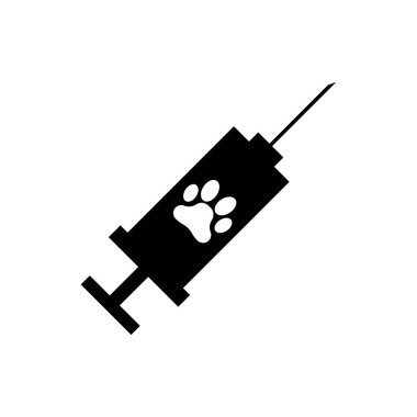 Evcil hayvan aşısı simgesi izole ile Siyah Şırınga. Köpek ya da kedi pençesi izi. Vektör İllüstrasyonu