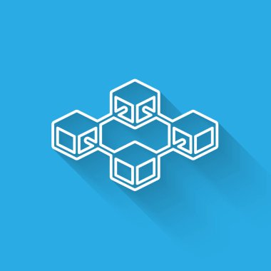 Uzun gölge ile izole Beyaz Blockchain teknoloji satır simgesi. Cryptocurrency veri işareti. Soyut geometrik blok zincir ağ teknolojisi iş. Vektör İllüstrasyonu