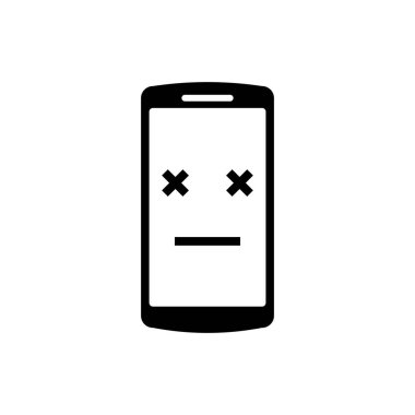 Siyah Ölü telefon simgesi beyaz arka planda izole. Vefat eden dijital cihaz emoji sembolü. Yüz duygularını gösteren ceset akıllı telefonu. Vektör İllüstrasyonu