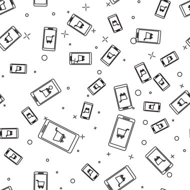 Siyah Cep telefonu ve alışveriş sepeti simgesi beyaz arka plan üzerinde sorunsuz desen izole. Online satın alma sembolü. Süpermarket sepeti sembolü. Vektör İllüstrasyonu