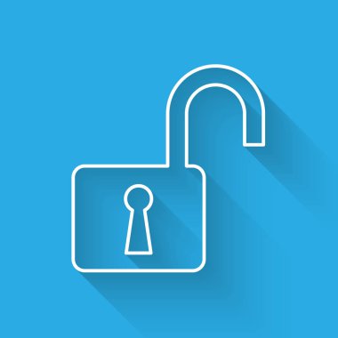 Beyaz Açık asma kilit çizgi simgesi uzun gölge ile izole. Kilit işaretini açtı. Siber güvenlik konsepti. Dijital veri koruması. Güvenlik güvenliği. Vektör İllüstrasyonu