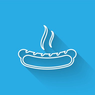Hardal hattı simgesi uzun gölge ile izole ile Beyaz Hotdog sandviç. Sosis simgesi. Fast food işareti. Vektör İllüstrasyonu