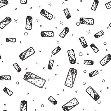 Siyah Burrito çizgi simgesi beyaz arka plan üzerinde izole dikişsiz desen. Geleneksel Meksika fast food'u. Vektör İllüstrasyonu