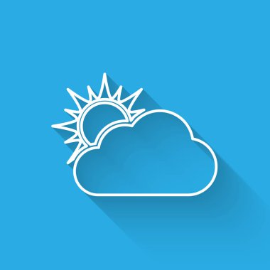 Beyaz Güneş ve bulut hava simgesi uzun gölge ile izole. Vektör İllüstrasyonu