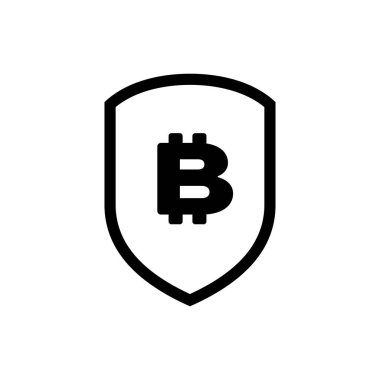 Bitcoin simgesi izole black shield. Kripto para madenciliği, blockchain teknolojisi, bitcoin, güvenlik, koruma, dijital para. Vektör İllüstrasyonu