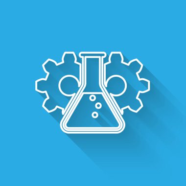 Beyaz Biyomühendislik çizgi simgesi uzun gölge ile izole. Genetik ve biyomühendislik simgesinin unsuru. Biyoloji, molekül, kimyasal ikon. Vektör İllüstrasyonu