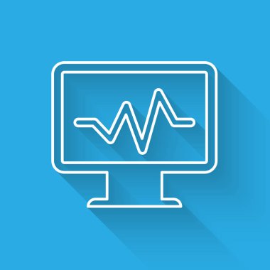 Uzun gölge ile izole kardiyogram simgesi ile Beyaz Bilgisayar monitör. İzleme simgesi. Kalp atışı eli çizilmiş Ekg monitör. Vektör İllüstrasyonu