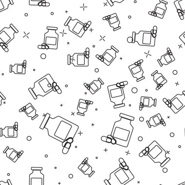 Siyah Tıp şişe ve hap lar simgesi beyaz arka plan üzerinde izole dikişsiz desen. Şişe hapı işareti. Eczane tasarımı. Vektör İllüstrasyonu