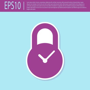 Turkuaz arka planda izole saat simgesi ile Retro mor Asma Kilit. Zaman kontrolü konsepti. Kilit ve geri sayım, son tarih, zamanlama, planlama sembolü. Vektör İllüstrasyonu