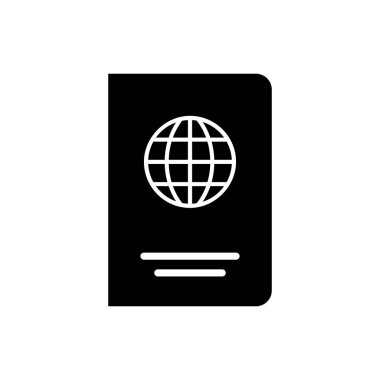 Beyaz arka planda izole edilmiş biyometrik veri simgesine sahip Siyah Pasaport. Kimlik belgesi. Vektör İllüstrasyonu