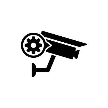 Siyah Güvenlik kamerası ve dişli simgesi izole. Uygulama, servis konsepti, ayar seçenekleri, bakım, onarım, sabitleme ayarlama. Vektör İllüstrasyonu