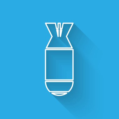 Beyaz Havacılık bomba hattı simgesi uzun gölge ile izole. Roket bombası düşüyor. Vektör İllüstrasyonu