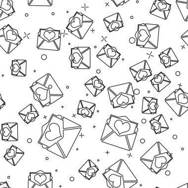 Valentine kalp simgesi beyaz arka plan üzerinde izole dikişsiz desen ile Siyah Zarf. Mektup aşk ve romantizm. Vektör İllüstrasyonu