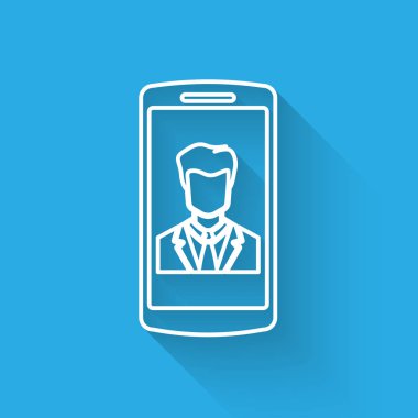 Uzun gölge ile izole ekran simgesi üzerinde temas ile Beyaz Smartphone. Gelen arama. Telefon ekranında insan. İletişimi arayın. Vektör İllüstrasyonu