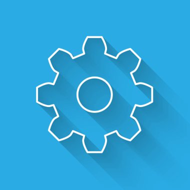 Beyaz Dişli simgesi uzun gölge ile izole. Cogwheel dişli ayarları işareti. Dişli sembolü. Vektör İllüstrasyonu