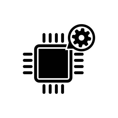 Siyah İşlemci ve dişli simgesi izole. Cpu, çip servis konsepti. Uygulamanın ayarlanması, seçenekleri ayarlama, bakım, onarım, sabitleme. Vektör İllüstrasyonu