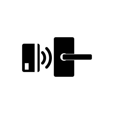 İzole simge kilidini açmak için kablosuz teknoloji ile Siyah Dijital kapı kilidi. Kapı kolu işareti. Kavramın güvenlik akıllı ev. Vektör İllüstrasyonu