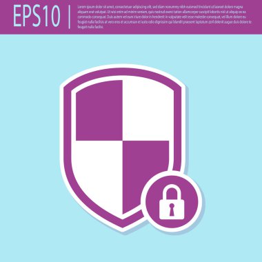 Turkuaz arka planda izole kilit simgesi ile Retro mor Shield güvenlik. Koruma, güvenlik, şifre güvenliği. Güvenlik duvarı erişim gizlilik işareti. Vektör İllüstrasyonu