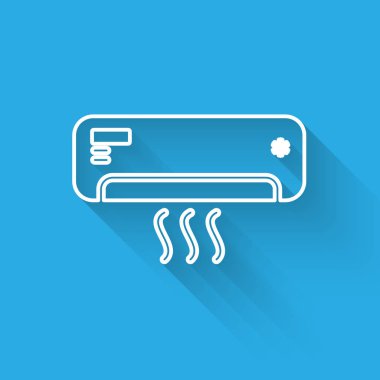 Uzun gölge ile izole temiz hava simgesi ile Beyaz Klima. Split sistem klima işareti. Serin ve soğuk iklim kontrol sistemi. Vektör İllüstrasyonu