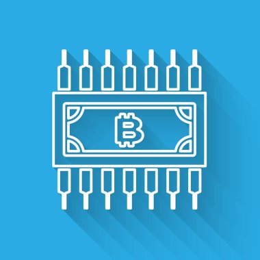 Beyaz Cryptocurrency kavramı bitcoin dairesel mikroçip devre hattı simgesi ile izole uzun gölge. Blockchain teknolojisi, dijital para piyasası. Vektör İllüstrasyonu