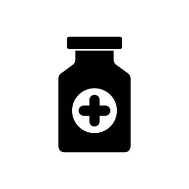 Siyah Tıp şişe simgesi izole. Şişe hapı işareti. Eczane tasarımı. Vektör İllüstrasyonu