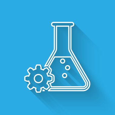 Beyaz Biyomühendislik çizgi simgesi uzun gölge ile izole. Genetik ve biyomühendislik simgesinin unsuru. Biyoloji, molekül, kimyasal ikon. Vektör İllüstrasyonu