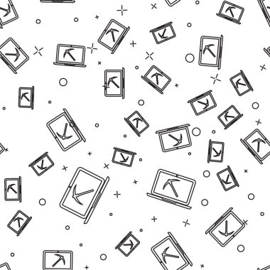 Dizüstü bilgisayar ve kazma simgesi ile Siyah Madencilik kavramı beyaz arka plan üzerinde sorunsuz desen izole. Blockchain teknolojisi, kripto para madenciliği, dijital para piyasası. Vektör İllüstrasyonu