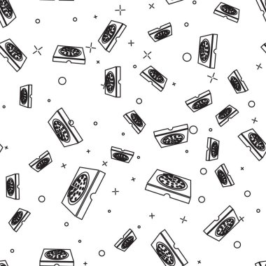 Siyah Pizza karton kutu çizgi simgesi beyaz arka plan üzerinde sorunsuz desen izole. Düzen öğeleriiçeren kutu. Vektör İllüstrasyonu