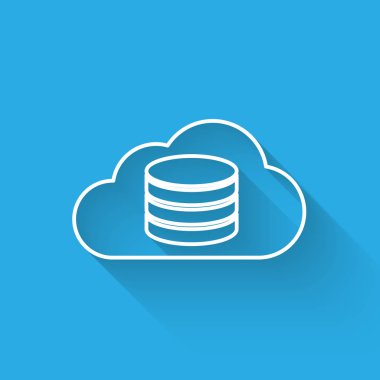 Uzun gölgeyle yalıtılmış Beyaz Bulut veritabanı simgesi. Bulut bilgi işlem konsepti. Veri aktarımı ile dijital hizmet veya uygulama. Vektör İllüstrasyonu