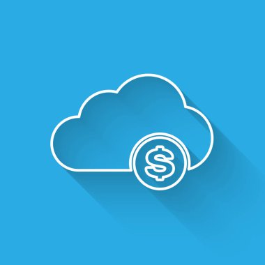 Beyaz Cryptocurrency bulut madenciliği çizgi simgesi uzun gölge ile yalıtılmış. Blockchain teknolojisi, bitcoin, dijital para piyasası, kripto para cüzdanı. Vektör İllüstrasyonu