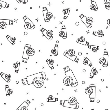 Kapalı asma kilit simgesi beyaz arka plan üzerinde izole kesintisiz desen ile Siyah Usb flash sürücü. Güvenlik, güvenlik, koruma konsepti. Vektör İllüstrasyonu