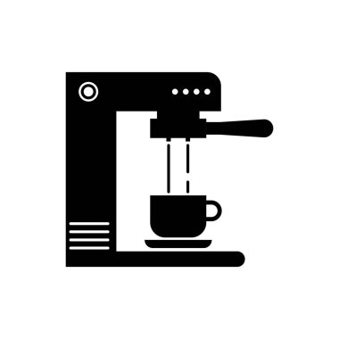 Siyah Kahve makinesi ve kahve fincanı simgesi beyaz arka plan üzerinde izole. Vektör İllüstrasyonu