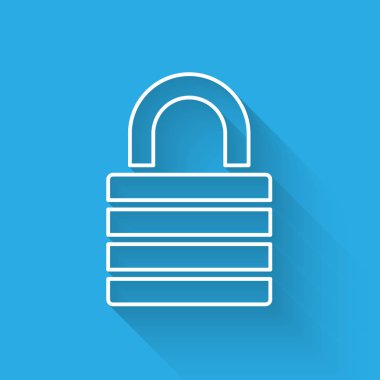 Uzun gölgeyle yalıtılmış Beyaz Kilit çizgisi simgesi. Asma kilit işareti. Güvenlik, güvenlik, koruma, gizlilik kavramı. Vektör İllüstrasyonu