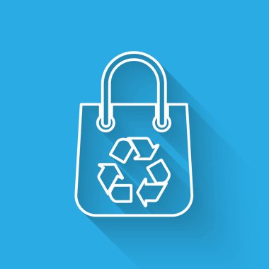 Uzun gölge ile izole geri dönüşüm hattı simgesi ile Beyaz Kağıt alışveriş çantası. Geri dönüşüm sembolü ile çanta. Vektör İllüstrasyonu