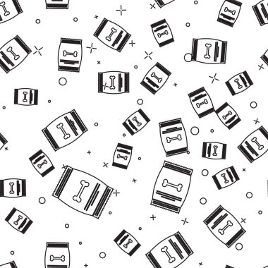 Beyaz arka plan üzerinde evcil hayvan simgesi izole dikişsiz desen için gıda Siyah Çanta. Hayvanlar için yiyecek. Köpek kemiği işareti. Evcil hayvan yiyecek paketi. Vektör İllüstrasyonu