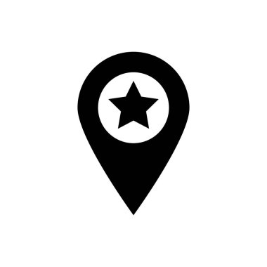 Beyaz arka planda yalıtılmış yıldız simgesi ne şrıolan Siyah Harita işaretçisi. Yıldız favori pin harita simgesi. Harita işaretleri. Vektör İllüstrasyonu