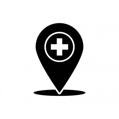 Beyaz arka planda izole edilmiş çapraz hastane simgesine sahip siyah Tıbbi harita işaretçisi. Vektör İllüstrasyonu