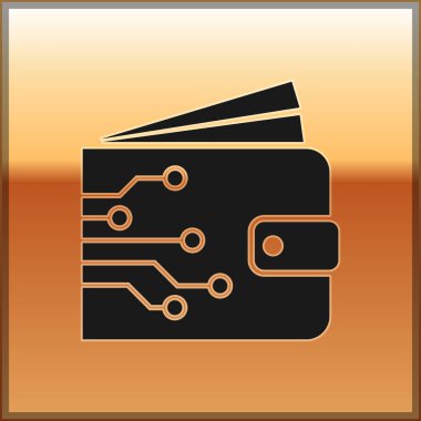 Altın arka planda yalıtılmış Siyah Cryptocurrency cüzdan simgesi. Cüzdan ve bitcoin işareti. Madencilik konsepti. Para, ödeme, nakit, ödeme simgesi. Vektör İllüstrasyonu